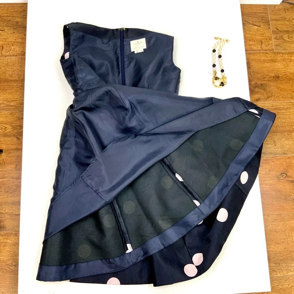 Kate Spade Steal The Spotlight Polka Dot Fit & Flare Dress Ink Navy Pink Sz 8